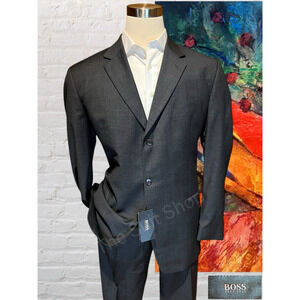 New Hugo Boss 46L 38x37 Dark Charcoal Gray Nailhead Designer Suit Virgin Wool